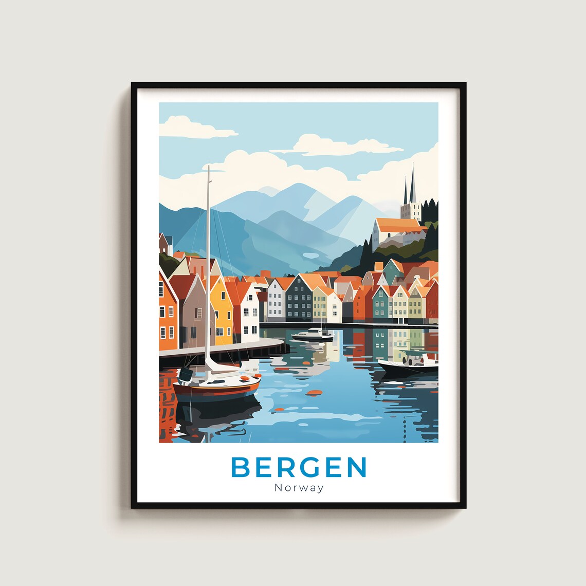 Bergen Norway Bryggen Harbor Colorful Wharf Houses Travel Poster