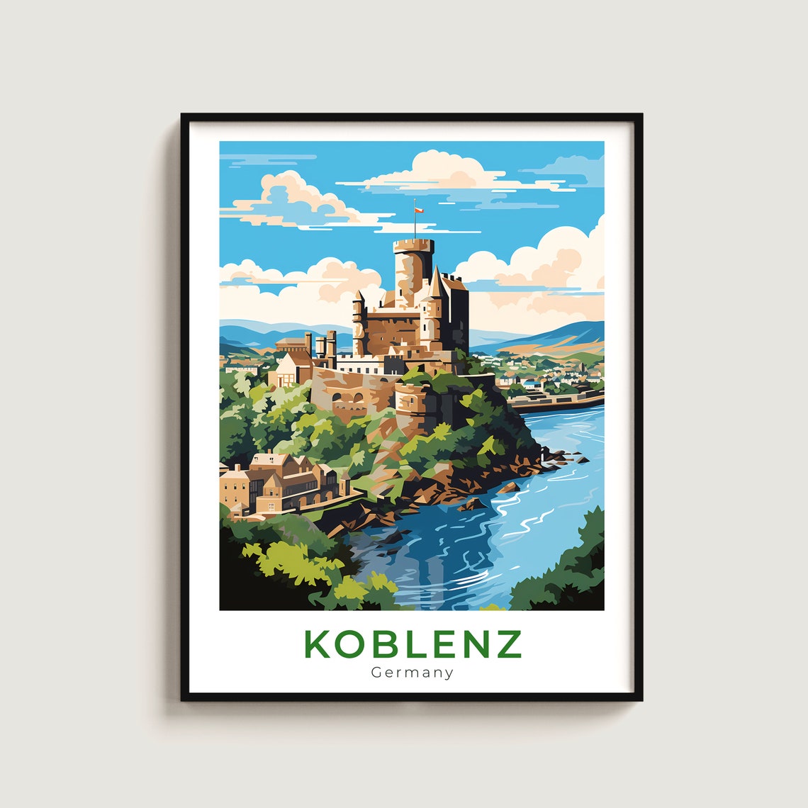 Koblenz Fortress Castle Rhine River Travel Poster Germany Art
