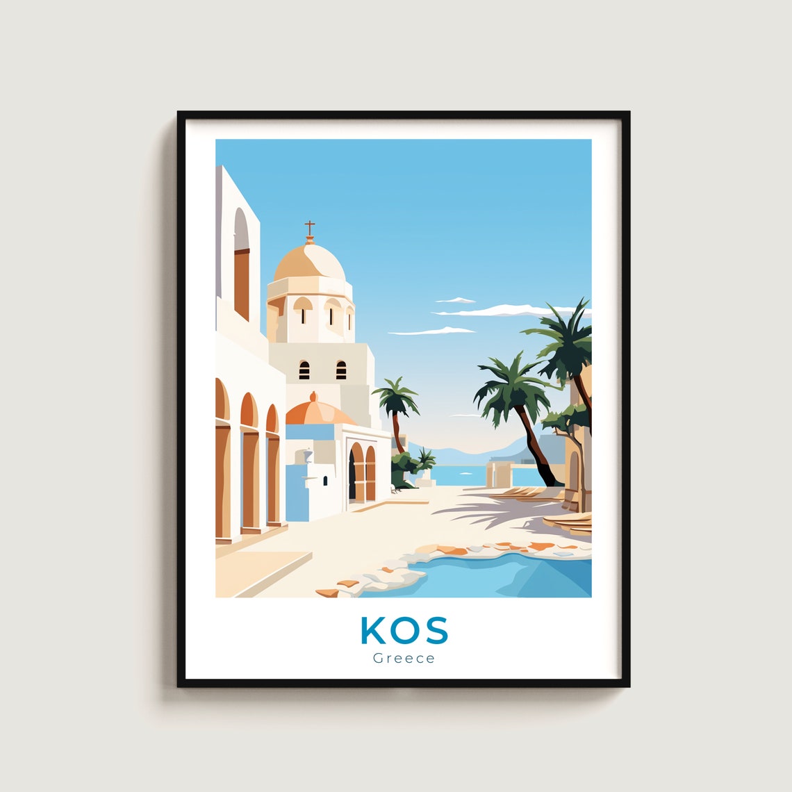 Kos Greece Church Dome Palm Trees Sandy Shore Beach Travel Poster