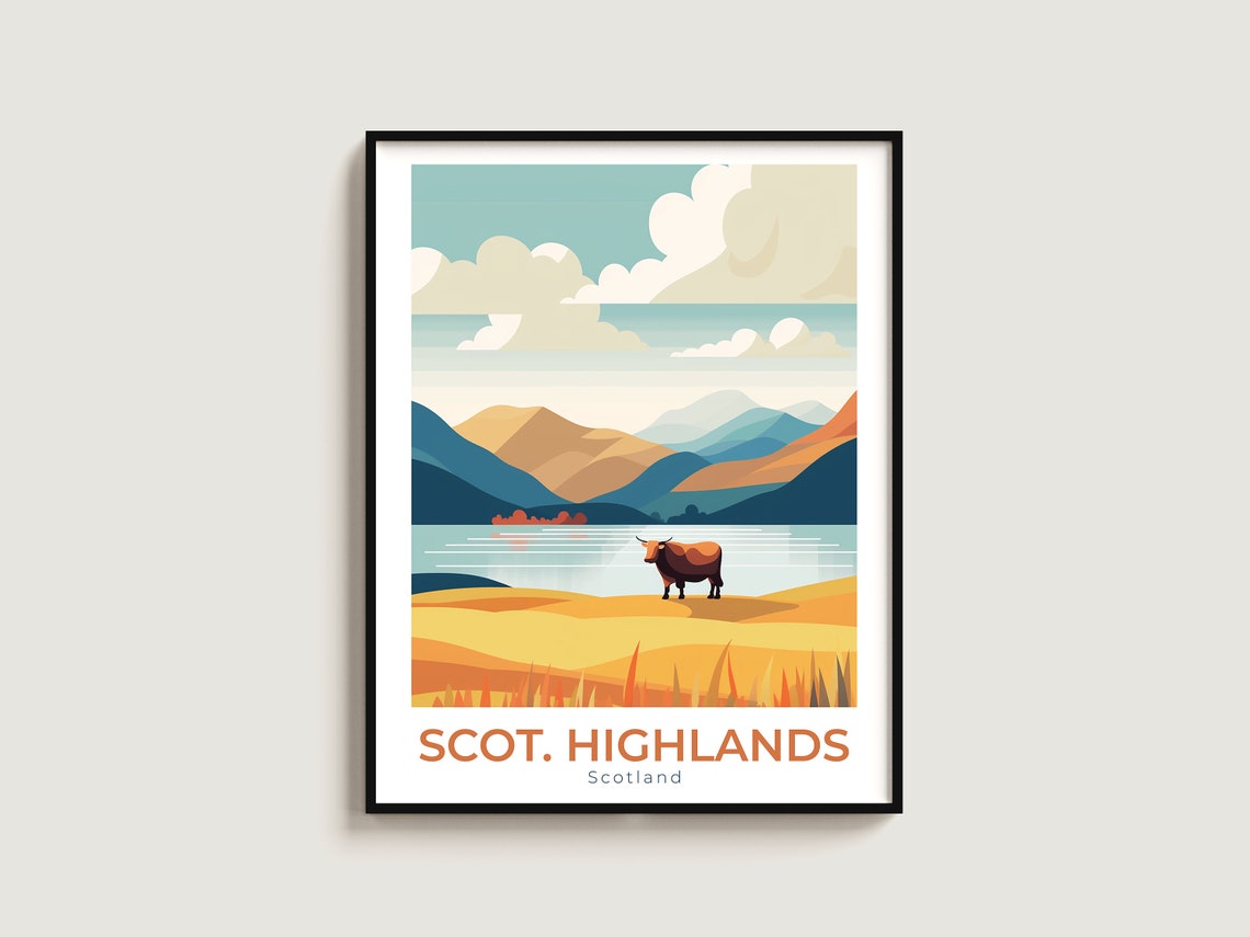 Scottish Highlands Scotland Poster for Highland Cow Lake Scene Decor