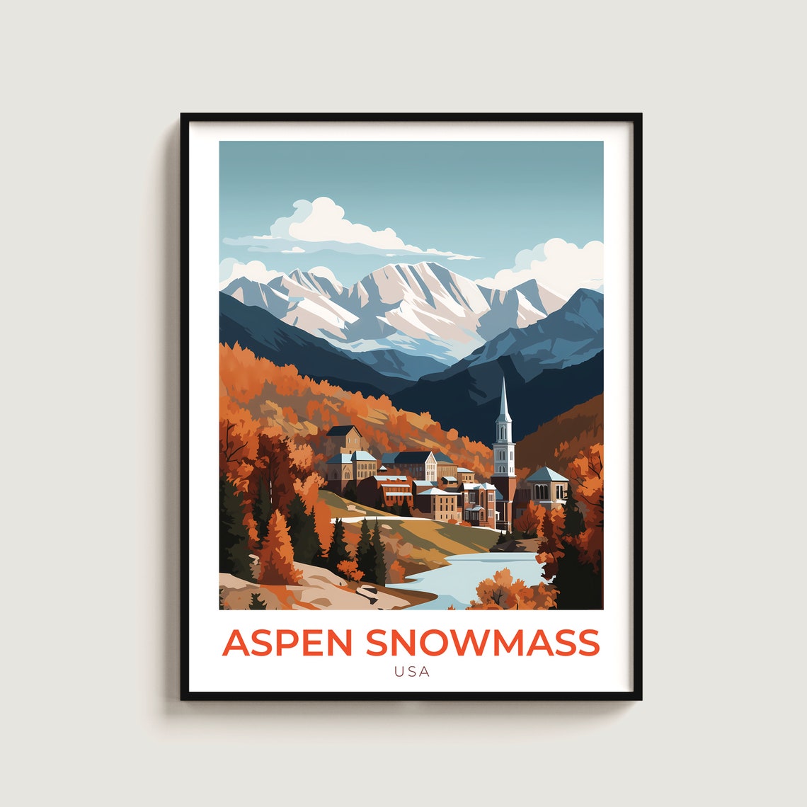Aspen Snowmass USA Autumn Orange Hills Town River Winter Scene Poster