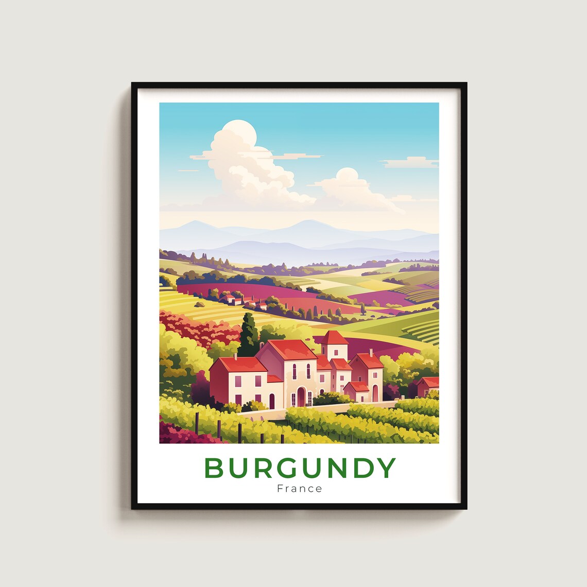 Burgundy France Travel Poster Vineyard Chateau Countryside Scene
