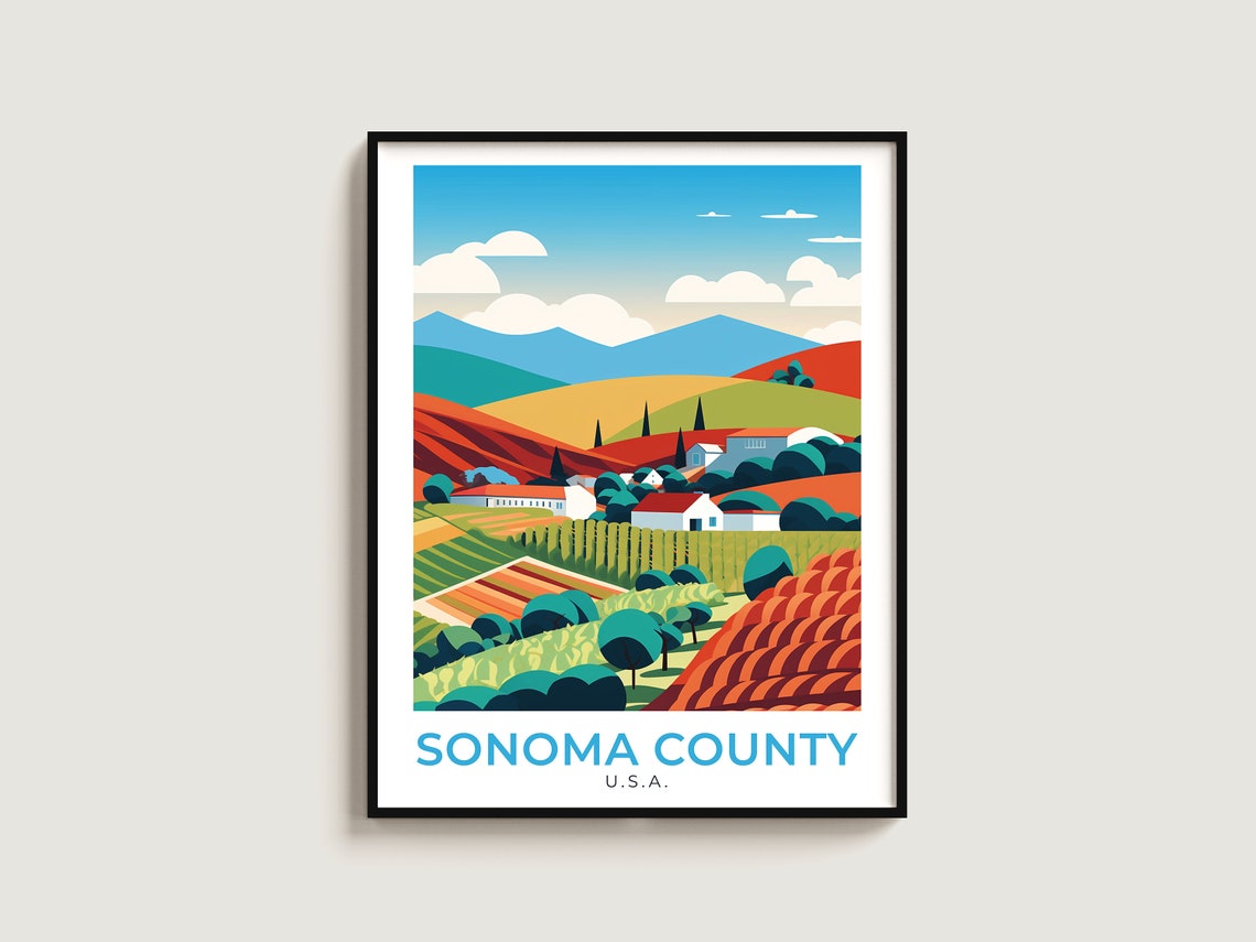 Sonoma County USA Warm Rolling Vineyard Hills Retro Travel Poster