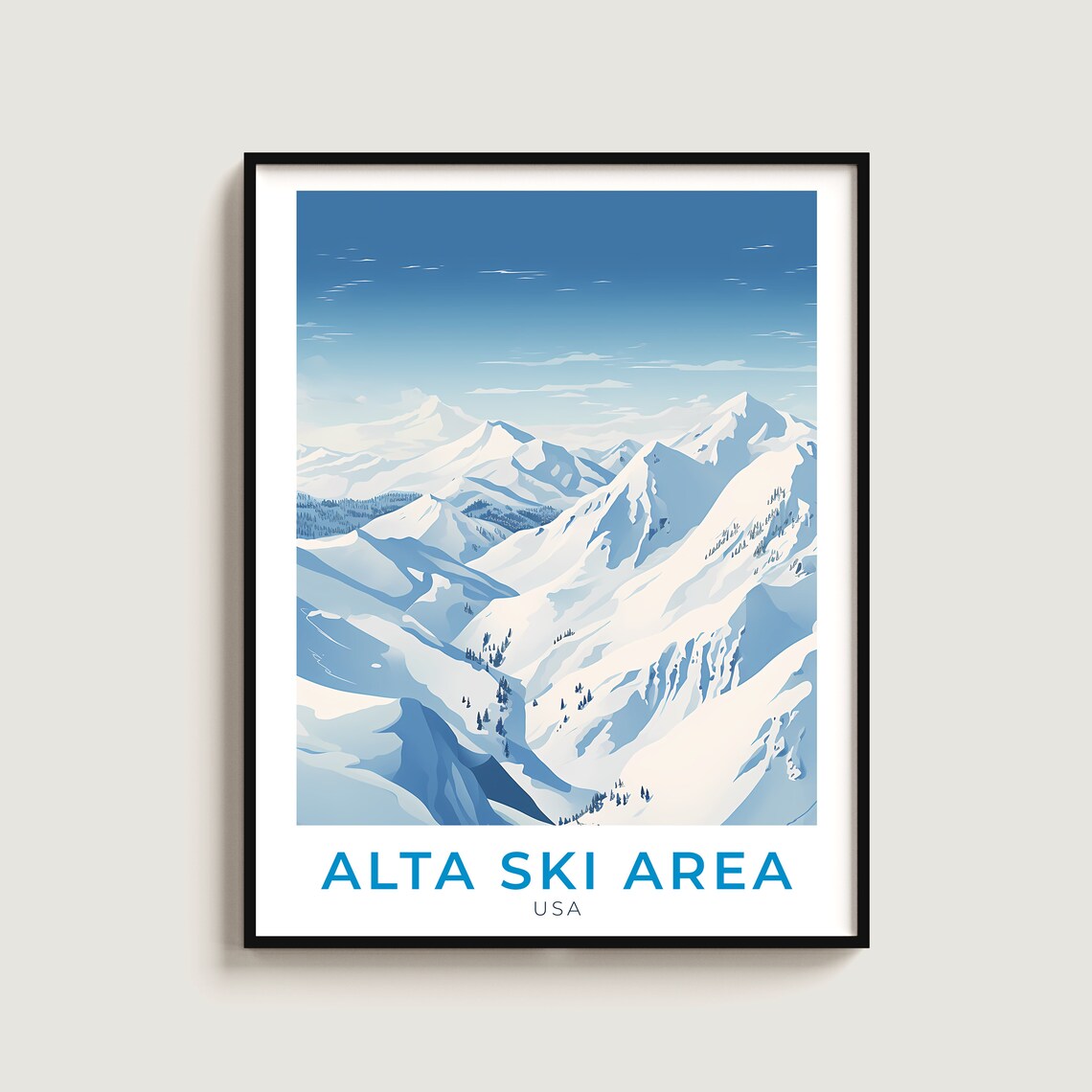 Alta Ski Area USA Snow Covered Peaks Panorama Retro Travel Poster Art