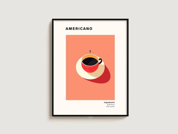 Americano Espresso Minimalist Kitchen Art Poster Red Cup Coral Modern Decor