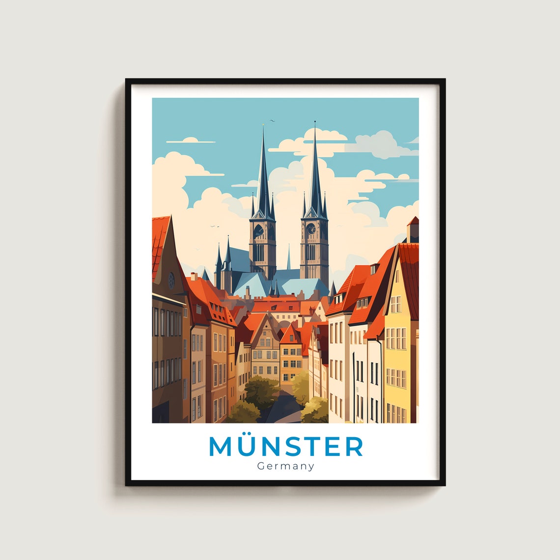 Münster Germany Twin Spire Cathedral Historic Rooftops Travel Poster
