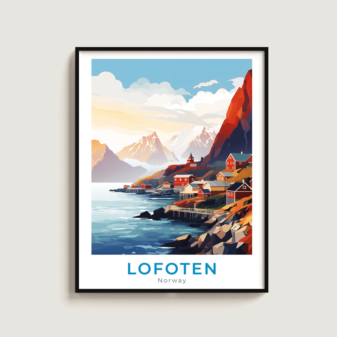 Lofoten Norway Arctic Fishing Village Mountains Fjord Travel Poster