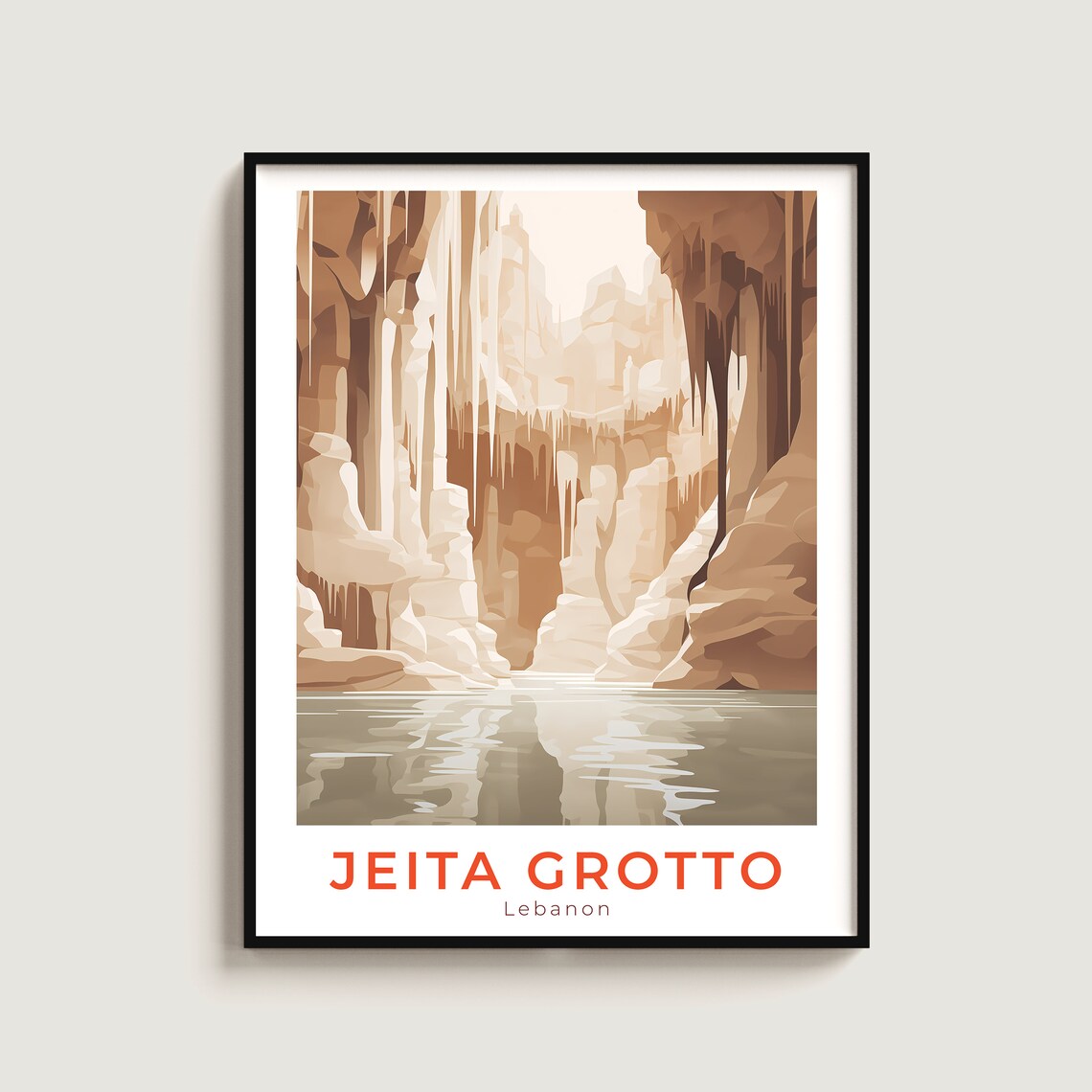Jeita Grotto Lebanon White Cave Stalactites Calm Water Travel Poster
