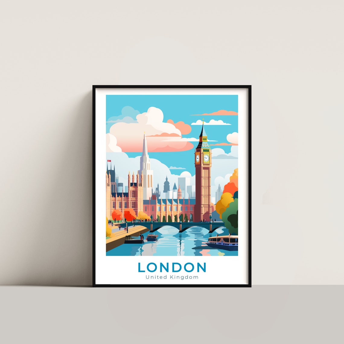 London United Kingdom Thames Parliament Riverside Boats Poster