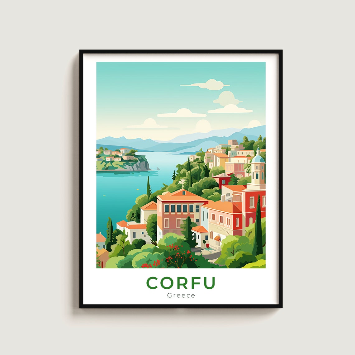 Corfu Greece Hillside Town Red Church Tower Bay View Travel Poster