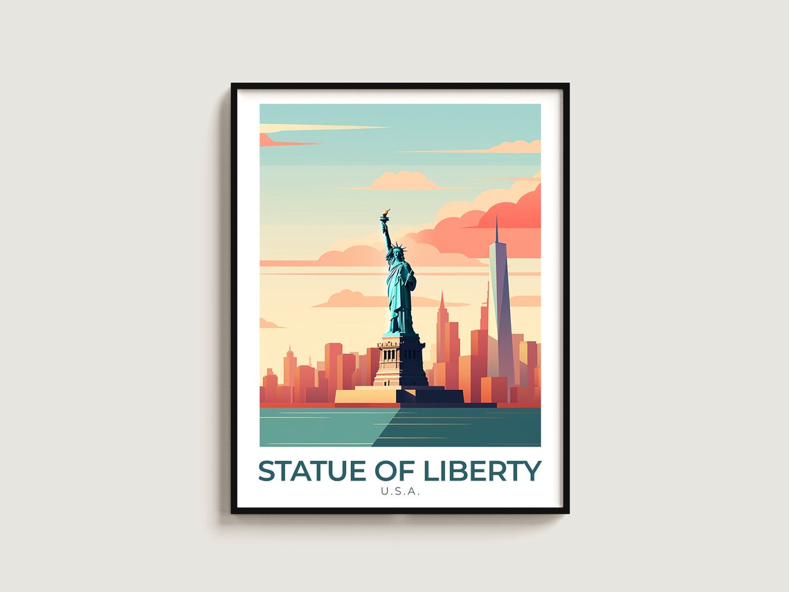 Statue Of Liberty New York City Skyline Sunset Travel Poster