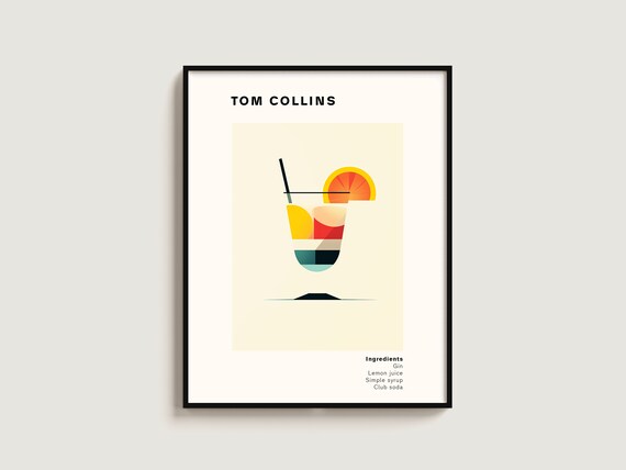 Tom Collins Gin Cocktail Recipe Minimalist Illustration Bar Decor Poster