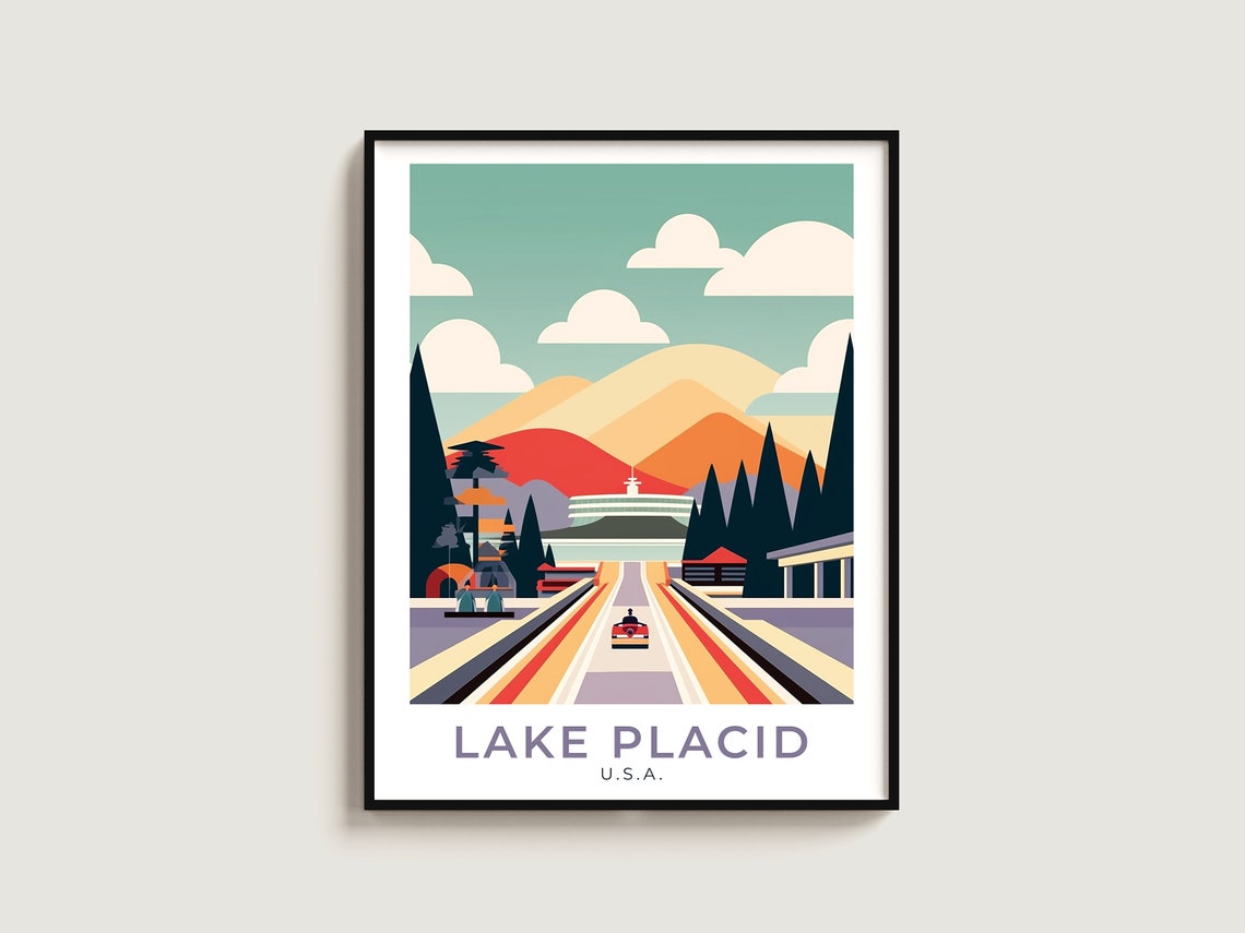 Lake Placid USA Retro Bobsled Track Mountain Winter Travel Poster