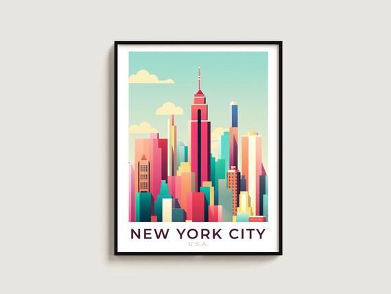 New York City Colorful Manhattan Skyline Geometric Vintage Travel Poster