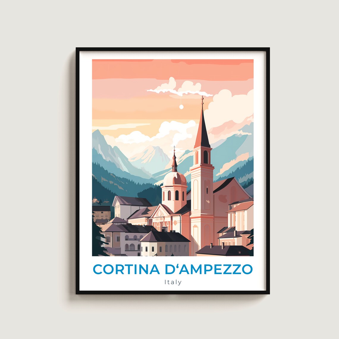 Cortina D'Ampezzo Italy Church Sunset Alpine Travel Poster Art