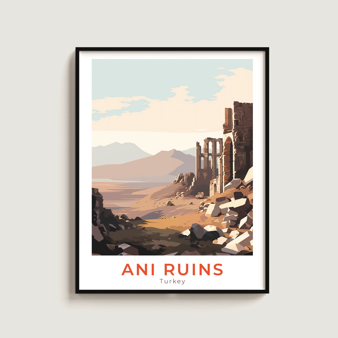 Ani Ruins Turkey Sunset Stone Towers Rocky Plain Travel Poster