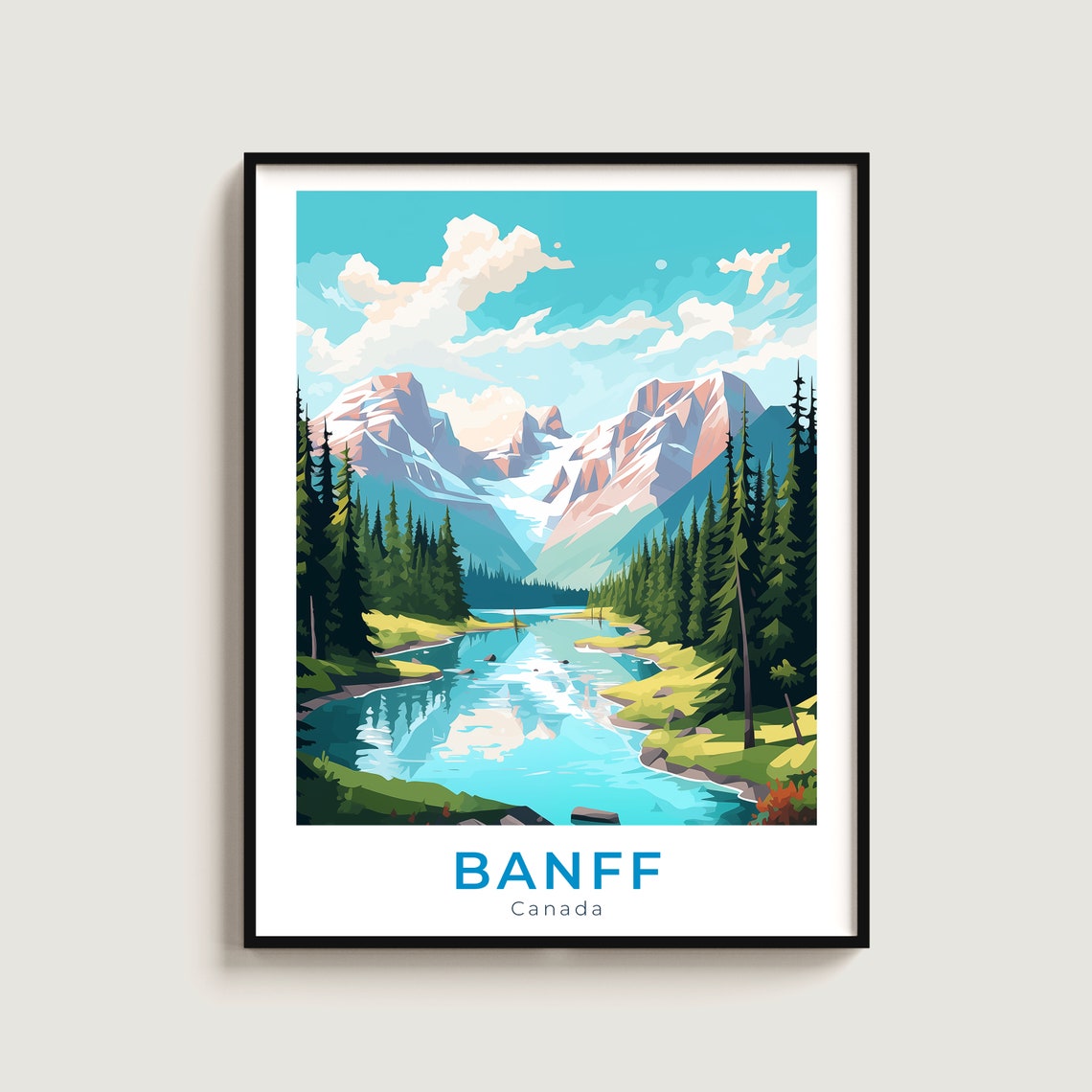 Banff Canada Mountain Lake Poster for Pine Forest Glacier Scene Decor