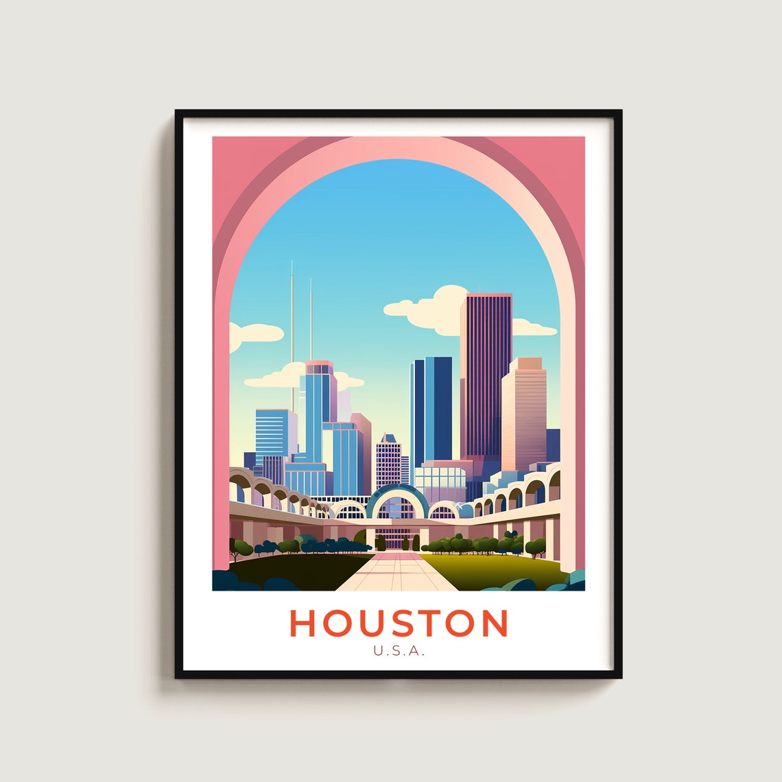 Houston Texas Skyline Arch Park View Retro Vintage Travel Poster
