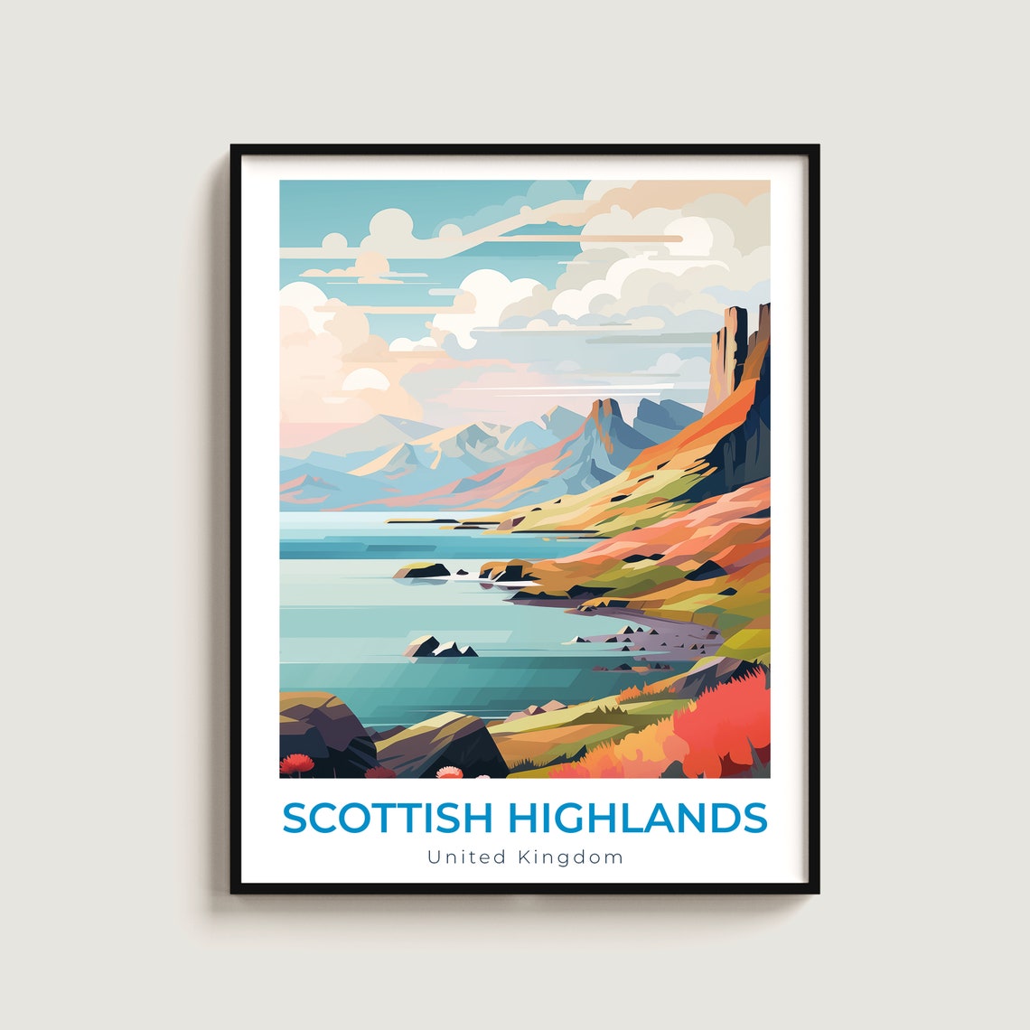 Scottish Highlands UK Coast Travel Poster for Dramatic Landscape Art