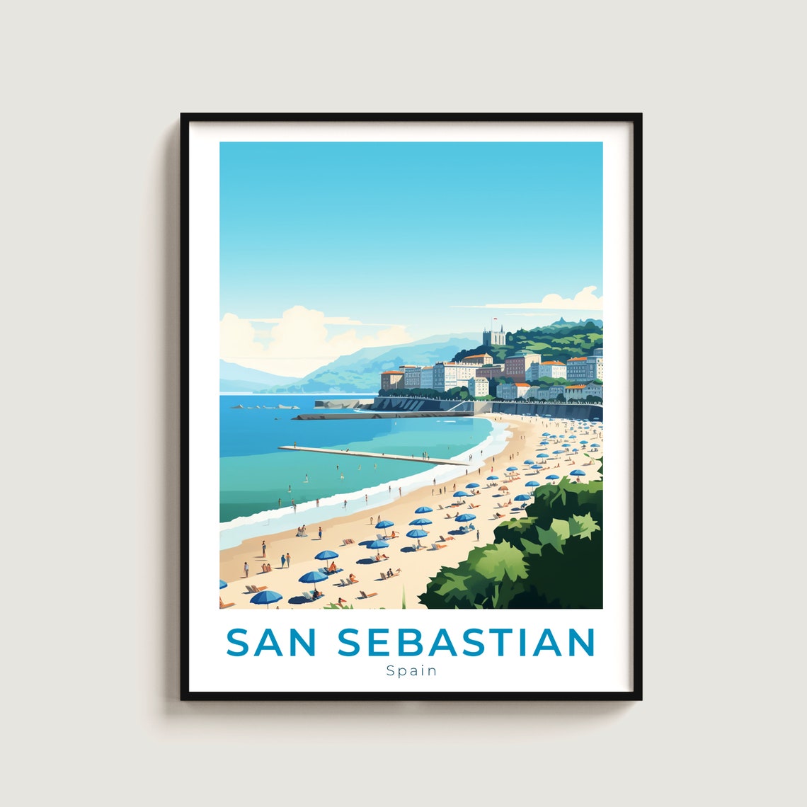 San Sebastian Spain Beach Umbrellas Bay Summer Coastline Travel Poster