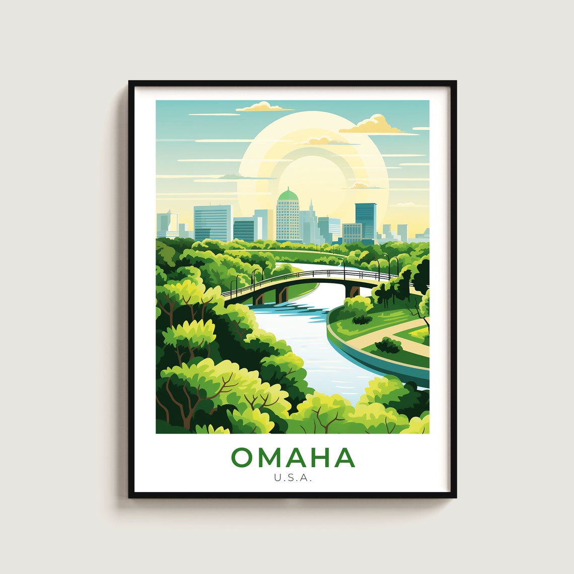 Omaha Nebraska Sunrise Skyline River Bridge Retro Travel Poster