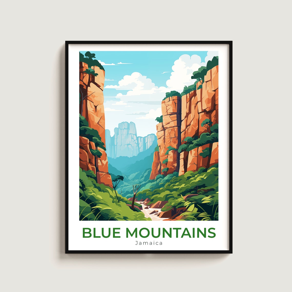 Blue Mountains Jamaica Red Cliffs Waterfall Canyon Travel Poster