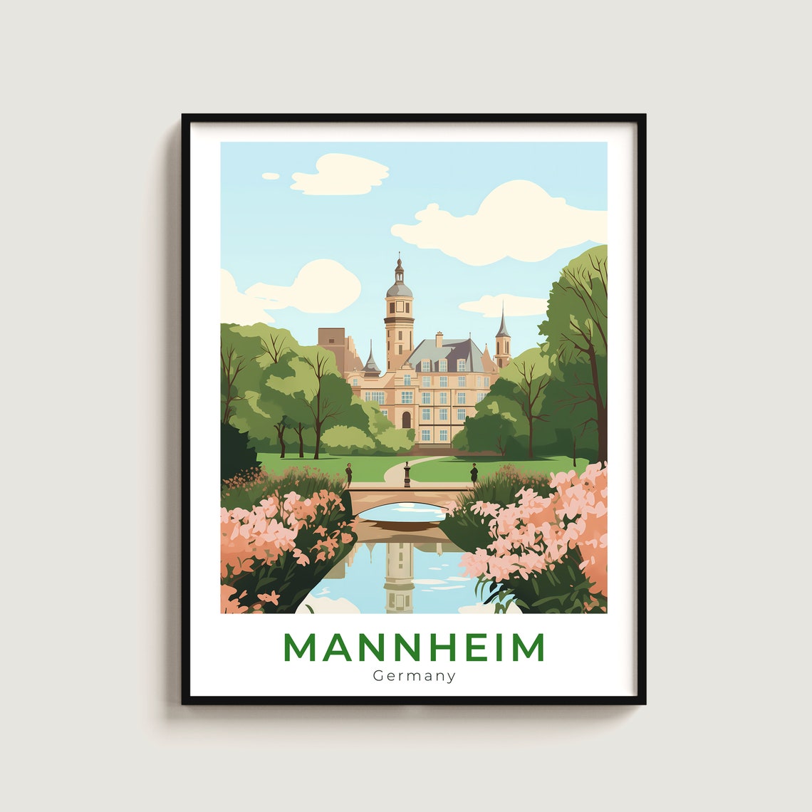 Mannheim Germany Baroque Palace Gardens Bridge Travel Poster Decor