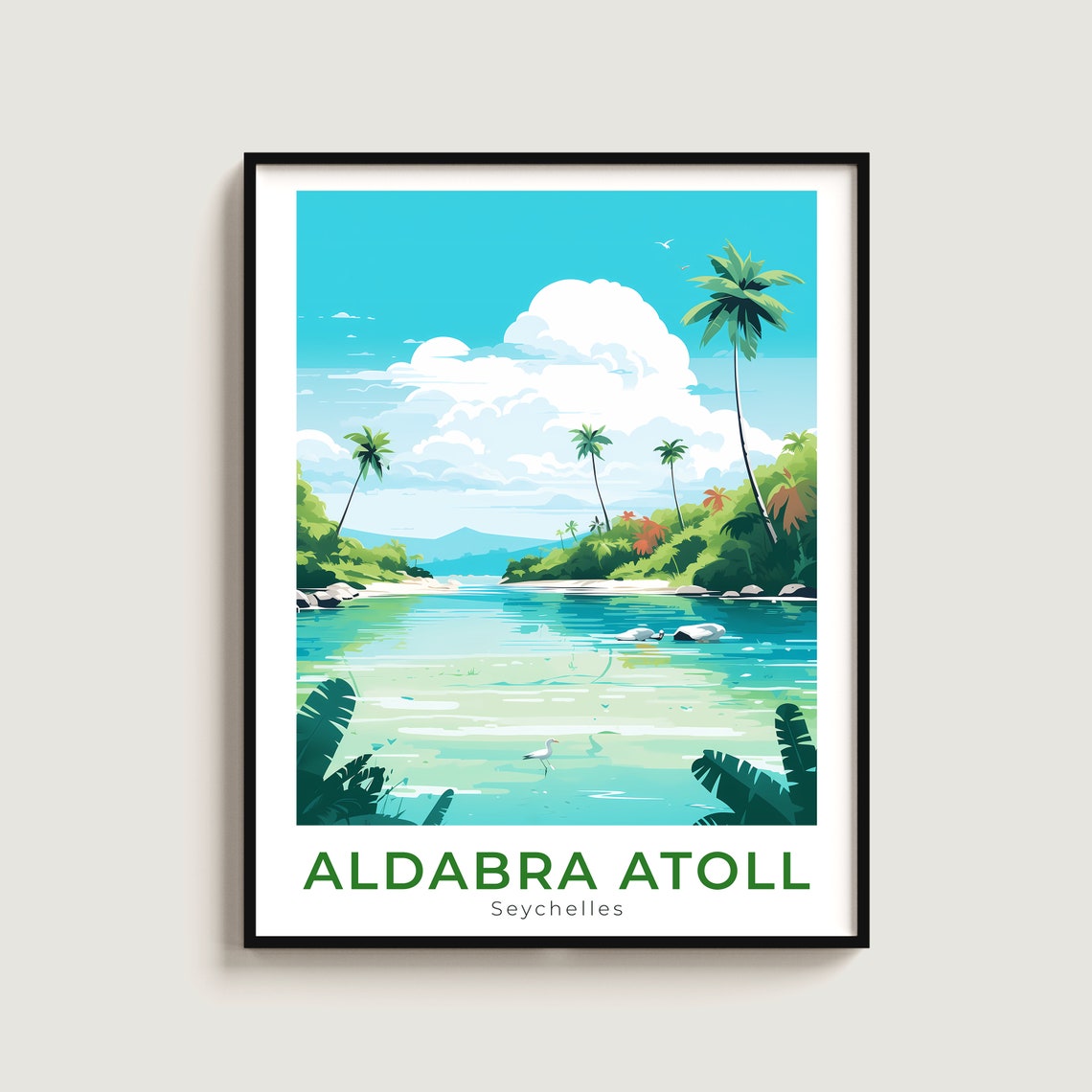 Aldabra Atoll Seychelles Tropical Beach Lagoon Palm Bird Poster