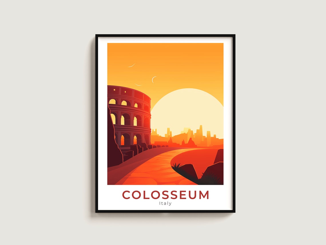 Colosseum Italy Ancient Arena Fiery Sunset Curved Road Travel Poster
