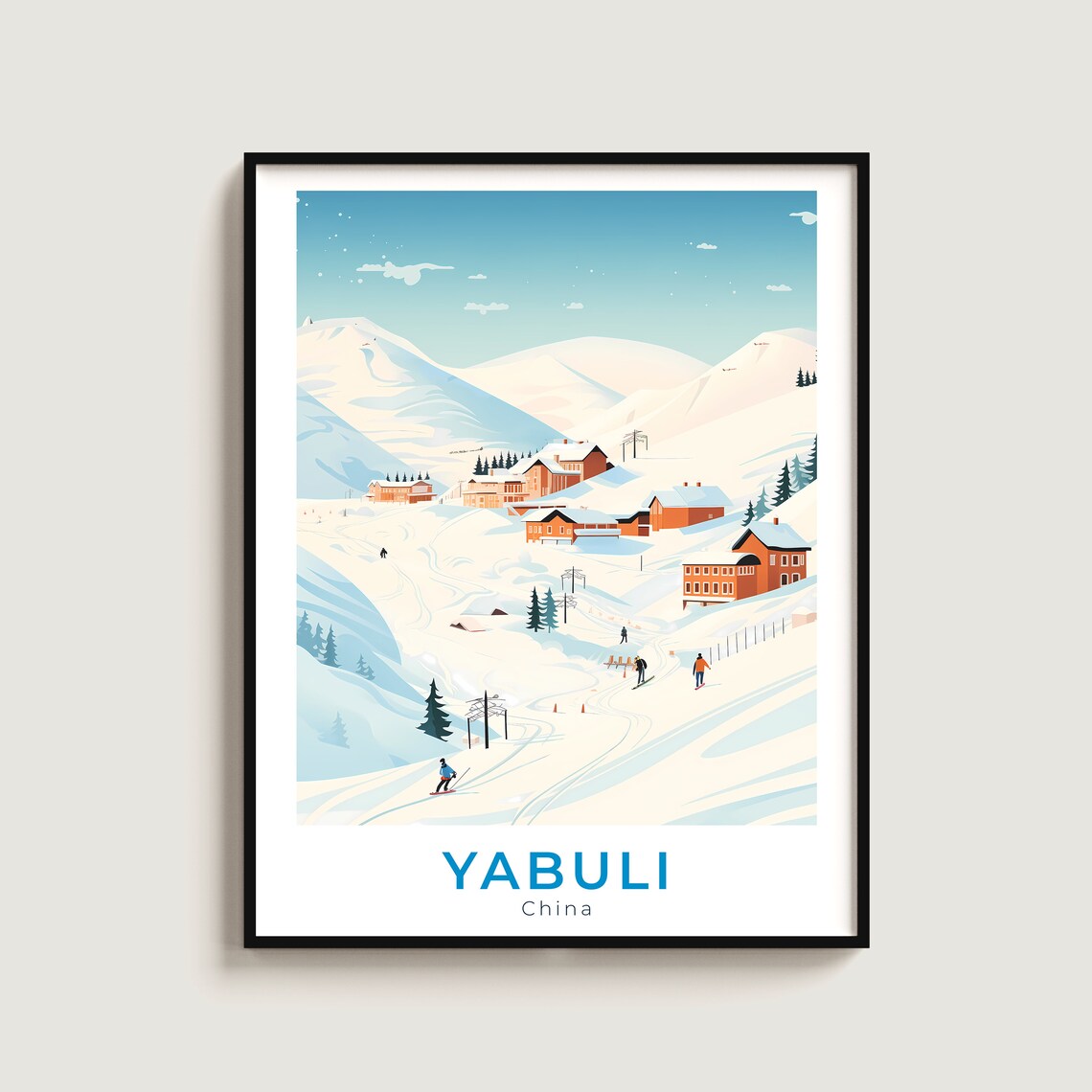 Yabuli China Ski Resort Slopes Village Winter Retro Travel Poster Art