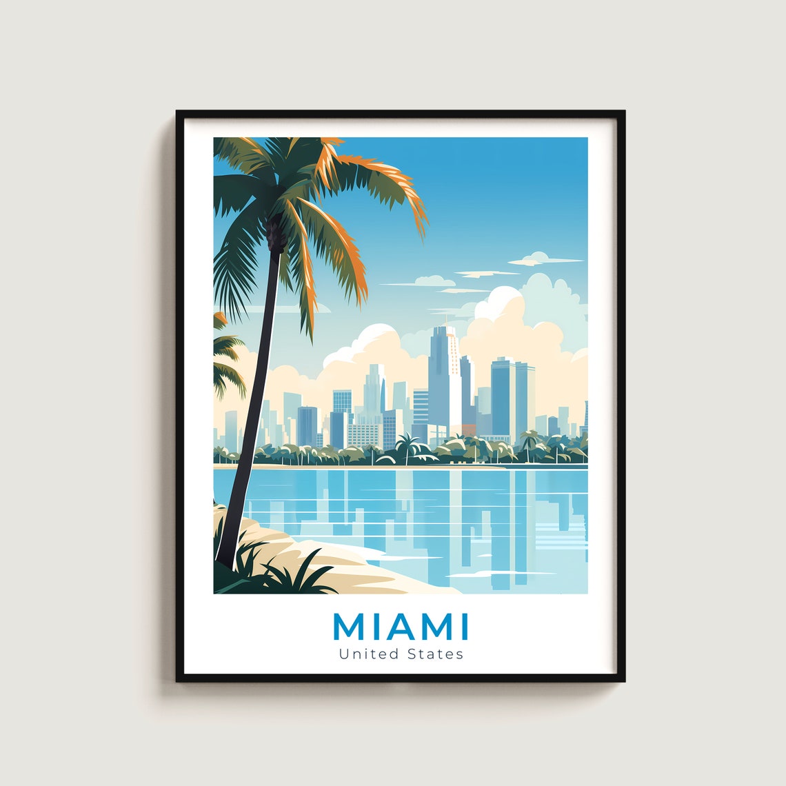 Miami Florida Palm Tree Waterfront Skyline Summer Travel Poster