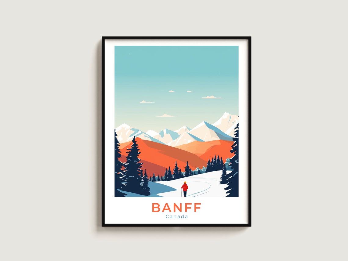 Banff Canada Lone Skier Red Snowy Valley Orange Peaks Travel Poster