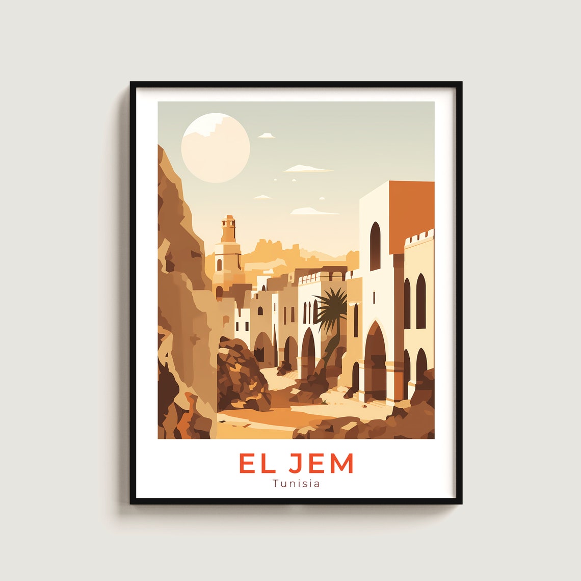 El Jem Tunisia Ancient Stone Town Desert Sun Vintage Travel Poster