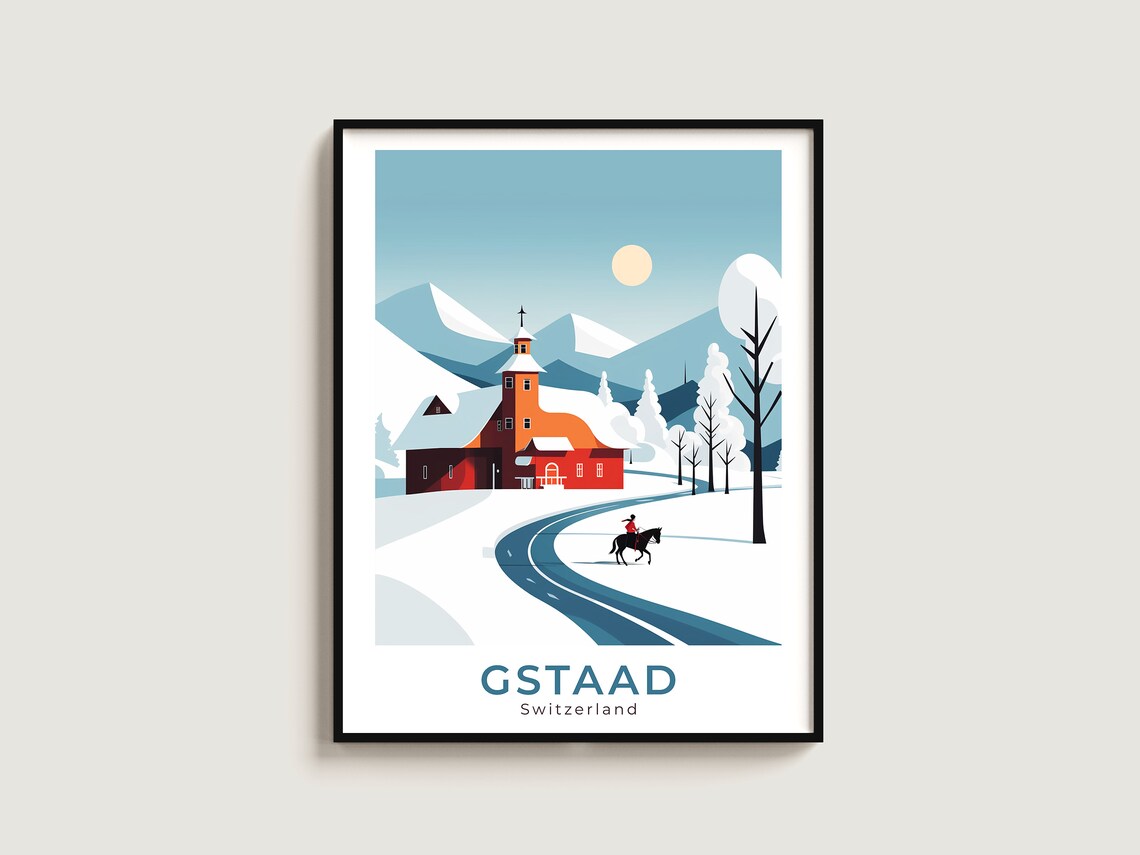 Gstaad Switzerland Snowy Alpine Village Horse Rider Travel Poster