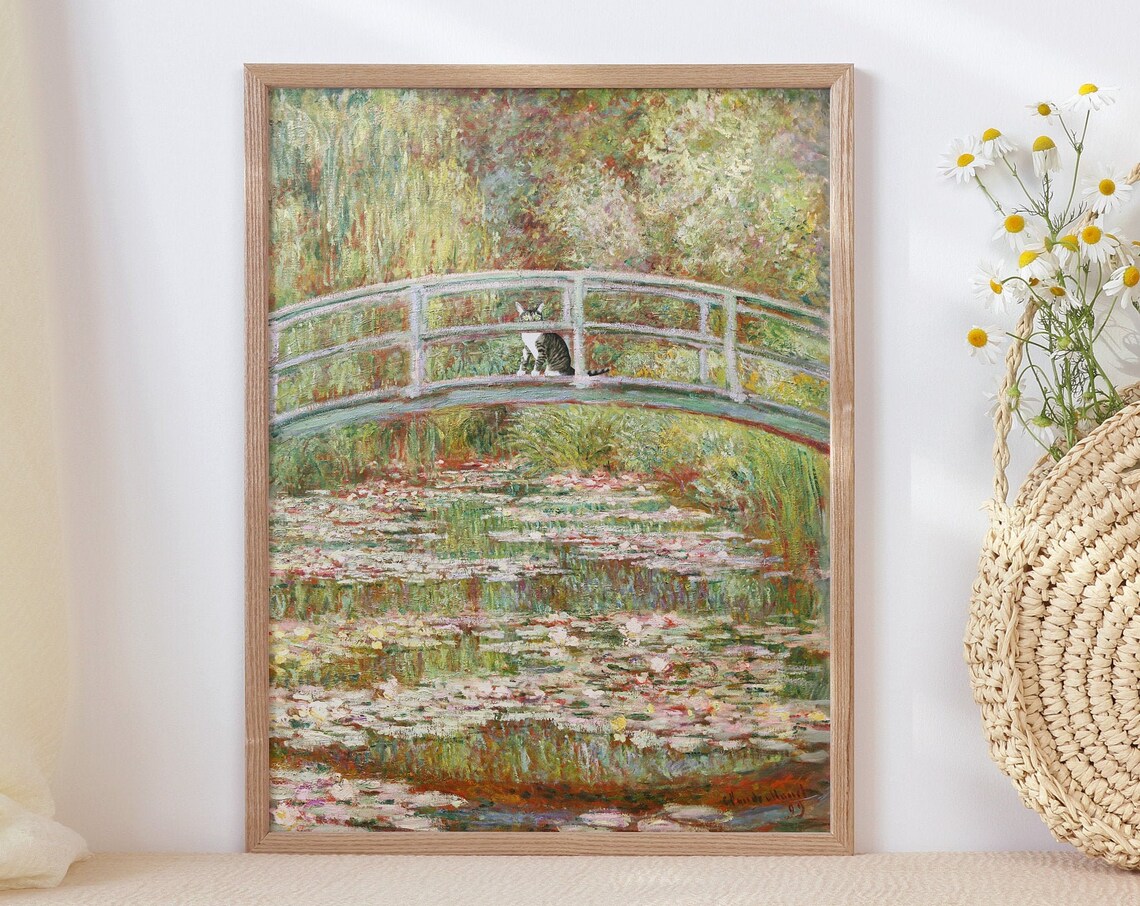 Monet-Inspired Waterlily Cat Art Print, Floral Poster - Image 2
