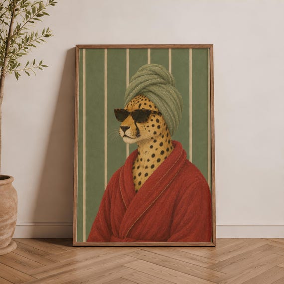 Funny Spa Cheetah Art Red Bathrobe Animal Print Preppy Guest Bath Poster Digital Download
