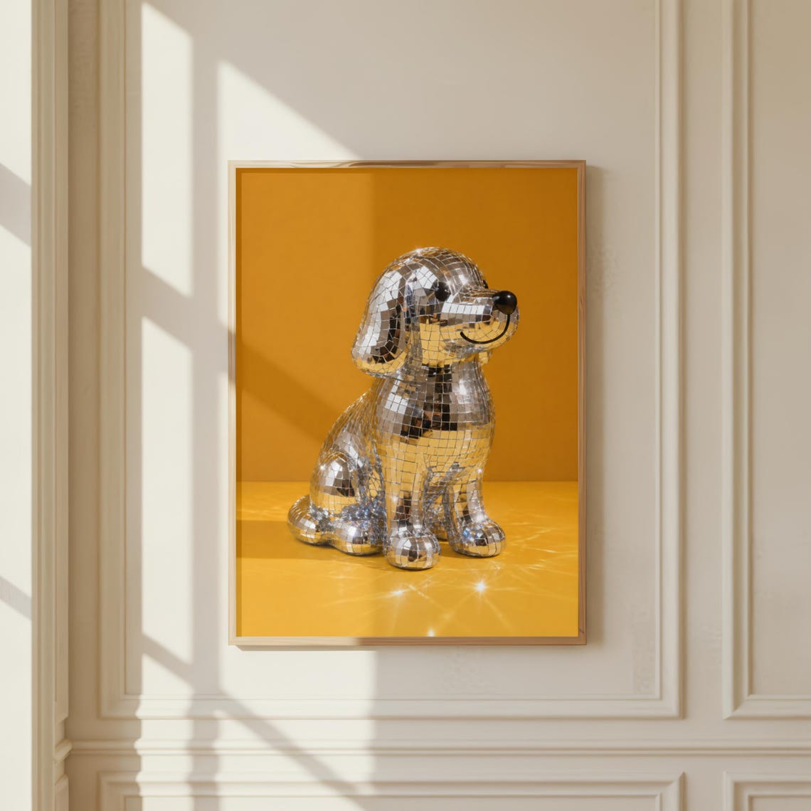 Disco Ball Puppy Mirror Tile Golden Dog Funky Retro Party Poster