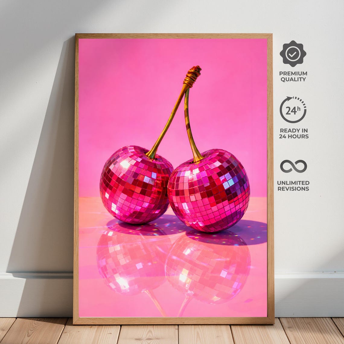 Disco Cherry Pink Mirror Ball Fruit Y2K Bold Pop Art Party Poster