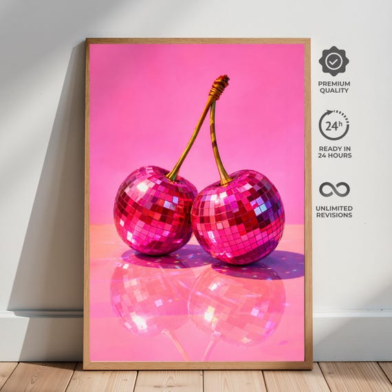 Disco Cherry Poster Y2k Mirror Ball Fruit Print Bold Pop Art Wall