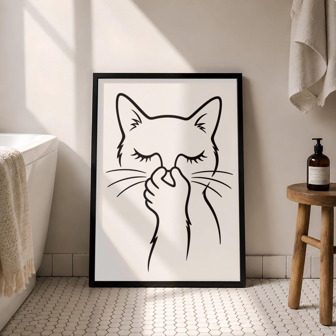 Minimal One Line Cat Paw Over Nose Funny Bathroom Art Poster