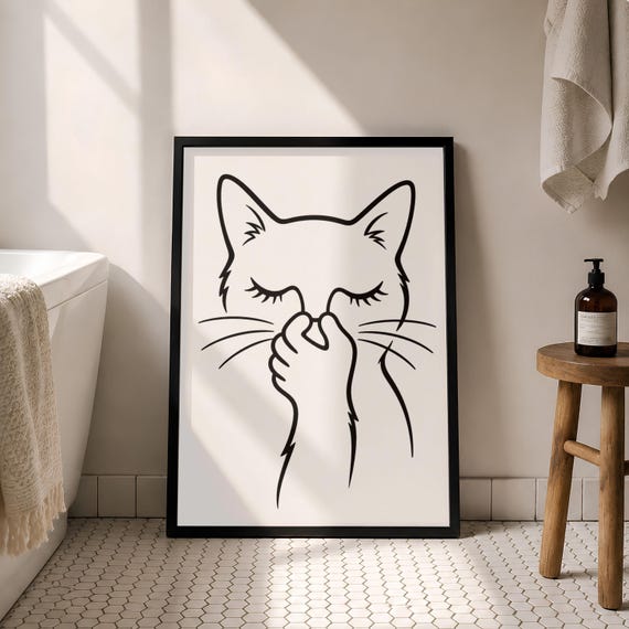 Minimalist Cat Toilet Poster Funny Bathroom Wall Art Line Print