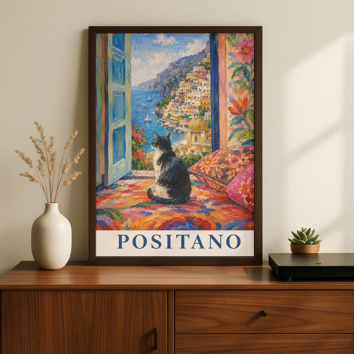 Positano Cat Wall Art Italian Coastal Travel Poster Mediterranean Seaside Print