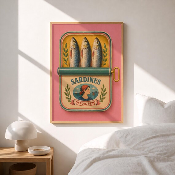 Retro Pink Sardines Tin Depuis 1920 Vintage Fish Kitchen Poster