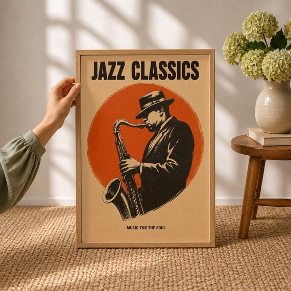Jazz Classics Retro Saxophone Player Music For The Soul Poster
