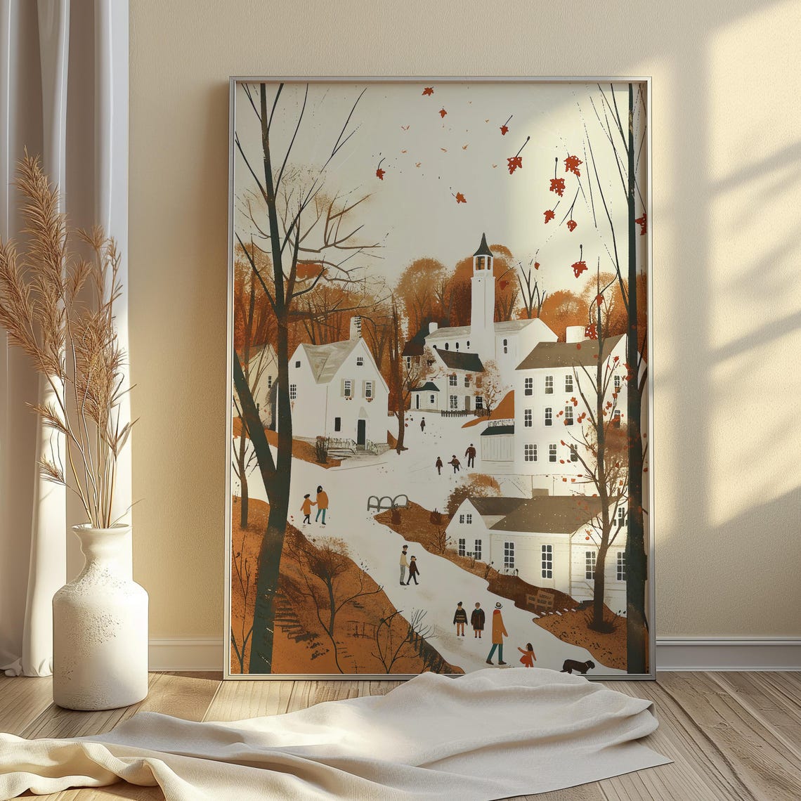 Autumn Small Town with Church Steeple and Falling Leaves Art Poster