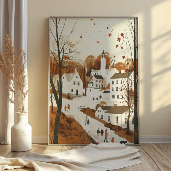 Thanksgiving Village Walk Vintage Fall Folk Art Print Rustic Colorful Painting Lover Autumn Wall Decor Cozy Warm Tone
