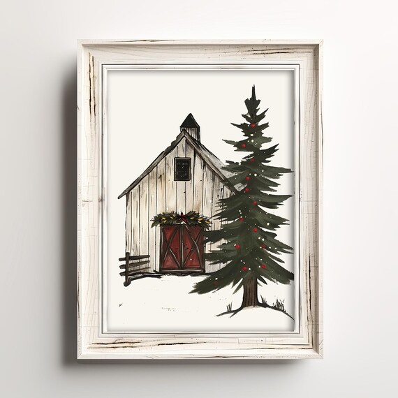 White Christmas Barn Vintage Farmhouse Sketch Holiday Tree Poster