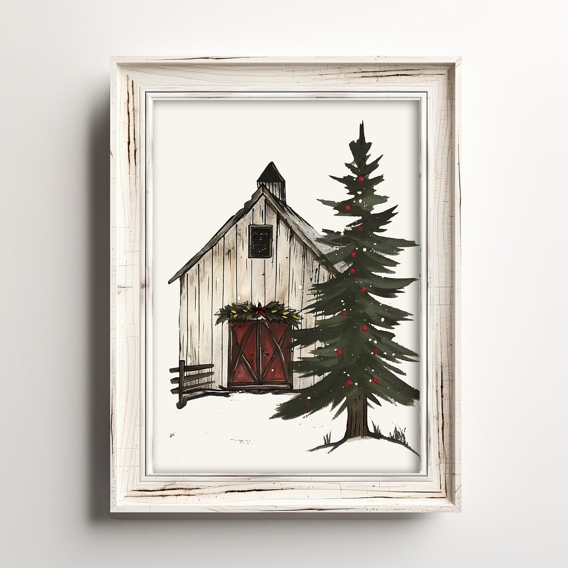 White Christmas Barn Vintage Farmhouse Sketch Holiday Tree Poster