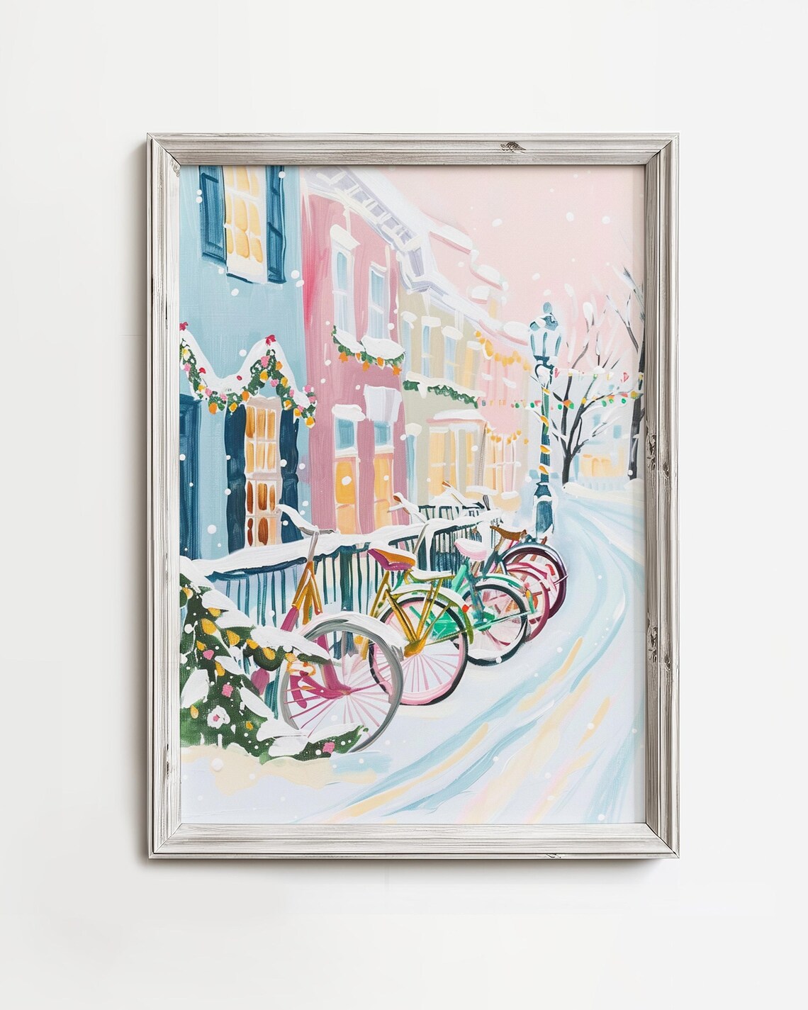 Snowy Street Colorful Bicycles Pastel Winter Painting Poster