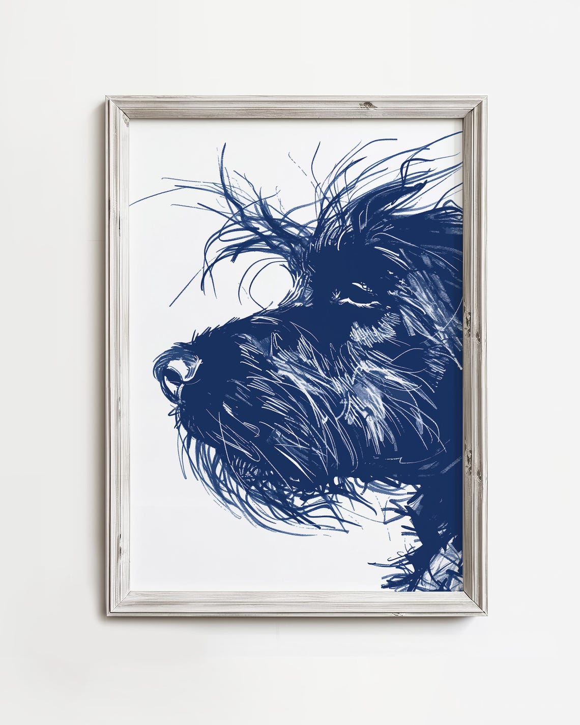 Doodle Dog In Thought Windblown Ink Sketch Navy Portrait Art Poster